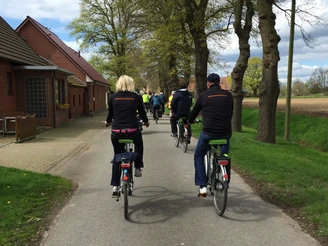Wolfstour Nord Eine Gruppe von Radfahrern auf einer schmalen Landstraße, flankiert von Bäumen und Ziegellandhäusern.