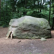 Giebichenstein Stöckse Großer Findling umgeben von dichtem Wald auf einer Lichtung, mit einigen Holzstützen an der Seite.