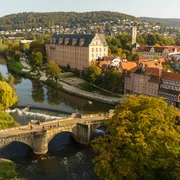 Luftbild des Welfenschloss in Hann. Münden mit Werrabrücke