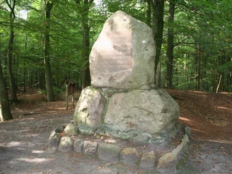 Oyler Stein Gedenkstein aus Naturstein in einem lichten Wald, umgeben von Moos, Laub auf steinigem Boden.