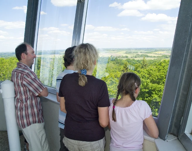 Wingst Deutscher Olymp - Fernsicht vom Turm Menschen genießen vom Turm aus den weiten Blick über Wälder und Felder bei klarem Himmel.