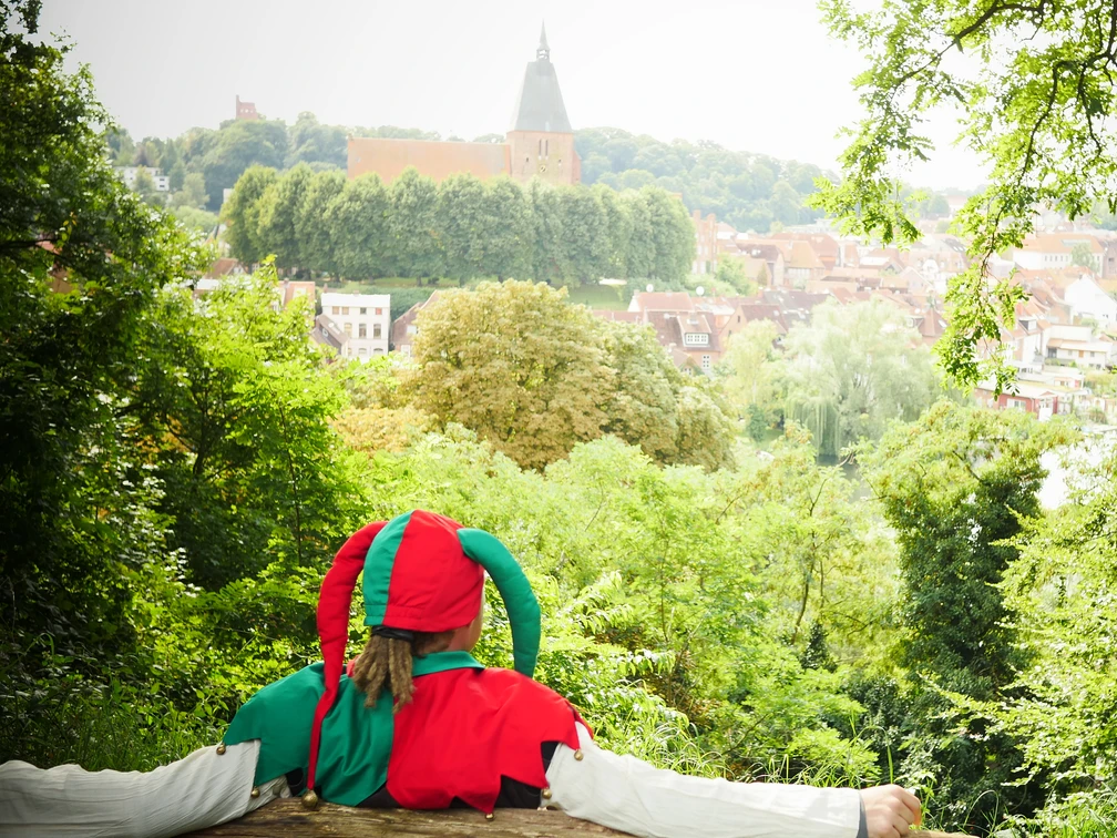 Eulenspiegel mit Blick auf die Altstadt Eulenspiegel blickt auf die Möllner Altstadt