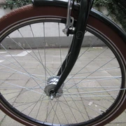 Fahrrad Ein schwarzes Fahrrad mit braunen Reifen steht auf einem gepflasterten Boden, umgeben von grünen Ranken.