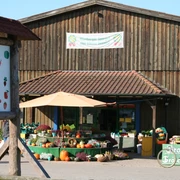 Hofladen Holthus Hofladen Holthus bietet frisches Gemüse und Blumen vor einem rustikalen Holzgebäude mit Schildern.