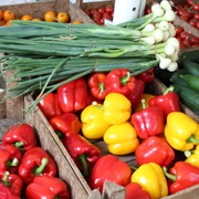 Gemüse Bunte Paprika, Gurken und Lauchzwiebeln liegen in rustikalen Holzkisten auf einem Marktstand.