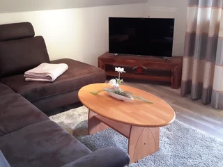 Elegantes Wohnzimmer mit braunem Sofa, flauschigem Teppich und großem Flachbildfernseher.