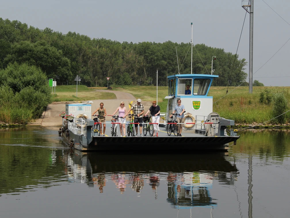 Fähre Schweringen Fähre überquert einen ruhigen Fluss, beladen mit Radfahrern, umgeben von grüner Landschaft.
