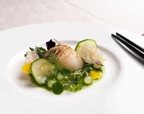 Taku Eine elegante Jakobsmuschel ruht auf einem weißen Teller, umgeben von filigranen Kräutern, Gurkenscheiben und Schaum, serviert mit Essstäbchen.An elegant scallop placed on a white plate, surrounded by delicate herbs, cucumber slices, and foam, served alongside chopsticks.