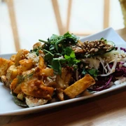 Sattgrün Ein rechteckiger Teller mit einer ansprechend angerichteten vegetarischen Mahlzeit. Links auf dem Teller befinden sich knusprig gebratene Tofu-Stücke, garniert mit einer Kräutersauce. Rechts ist ein knackiger, bunter Salatmix aus Rotkohl, Weißkohl, Rucola und Sonnenblumenkernen zu erkennen, der frisch und farbenfroh wirkt.A rectangular plate attractively arranged with a vegetarian meal. On the left side are crispy fried tofu pieces garnished with an herbal sauce. On the right side is a crunchy, vibrant salad mix of red cabbage, white cabbage, arugula, and sunflower seeds, appearing fresh and colorful.