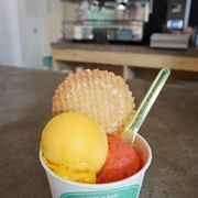 Eisfeld Zwei Kugel Fruchteis mit Waffel im Becher.Two scoops of fruit ice cream with a cone in a cup.