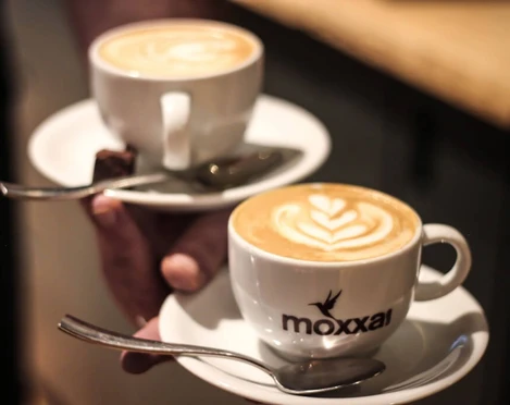 moxxa cafe die Rösterei Zwei Cappuccinos auf Untertassen mit Löffeln, serviert in weißen Moxxa-Tassen.Two cappuccinos on saucers with spoons, served in white Moxxa cups.