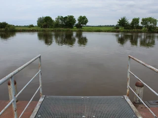 Landesbergen Schiffsanleger Aussicht von einem Schiffsanleger auf eine ruhige Flusslandschaft mit Bäumen am gegenüberliegenden Ufer.