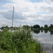 Boote Intscheder Wehr Eine ruhige Flusslandschaft mit mehreren vertäuten Segelbooten am Ufer und bewölktem Himmel.
