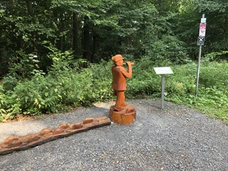 Rattenfänger Brüder Grimm Märchenweg Bad Rehburg Holzfigur eines Flötenspielers im Wald, umgeben von Fichten und einem Informationsschild am Wegesrand.