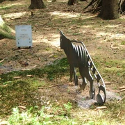 Kitty come back Stählerne Katzenfigur in einem lichtdurchfluteten Waldstück neben einer Informationstafel.