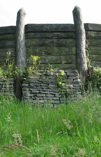 Wallanlage Nachbau Nachbau einer historischen Wallanlage aus Holz und Stein, umgeben von grüner Vegetation.