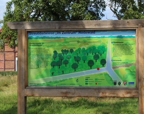 Streuobstwiese Rodewald Schild an einer Streuobstwiese in Rodewald informiert über Renaturierung und Obstanbau.