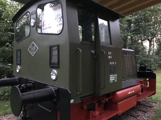 Steinhuder Meer Bahn Historische grüne Dampflok mit roten Fahrgestellen inmitten von Bäumen, unter einem Holzvordach.