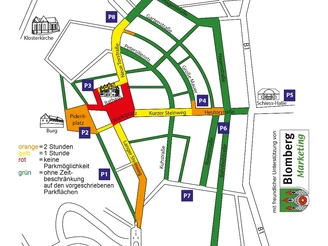 Parkübersicht Blomberg Übersichtsplan der Parkplätze in Blomberg mit farblicher Kennzeichnung und Straßenverlauf.
