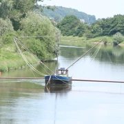 Aalschokker Landesbergen Ein traditioneller Aalschokker auf einem ruhigen Fluss, umgeben von grünen Bäumen und sanften Hügeln.