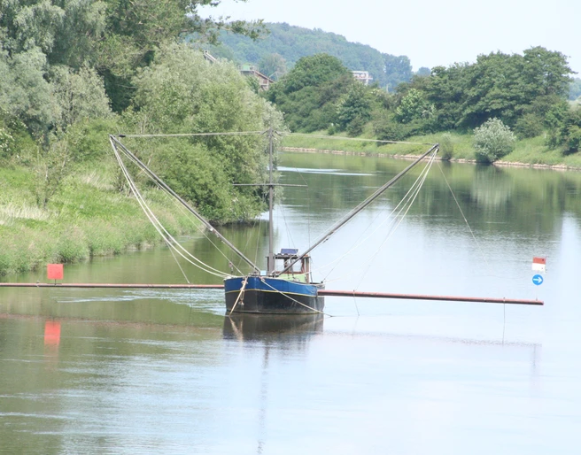 Aalschokker Landesbergen Ein traditioneller Aalschokker auf einem ruhigen Fluss, umgeben von grünen Bäumen und sanften Hügeln.