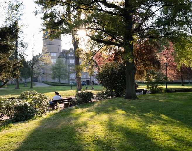 Schlosspark Detmold Sonnenuntergang im Schlosspark Detmold, mit grünen Wiesen, Bäumen und dem historischen Gebäude im Hintergrund.