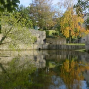 Quellbecken der Dielenpader Quellbecken der Dielenpader mit umgebenden Bäumen und Mauer, spiegelndes Wasser, Person auf Brücke.
