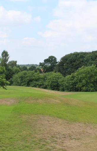 Syke Golfplatz Grüner Golfplatz mit welligem Gelände, vereinzelten Bäumen und dichten Waldrändern unter blauem Himmel.