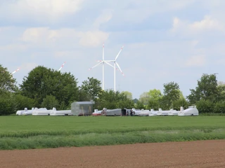 Segelflugzeuge stehen auf einer grünen Wiese, im Hintergrund sind Bäume und ein Windrad zu sehen.