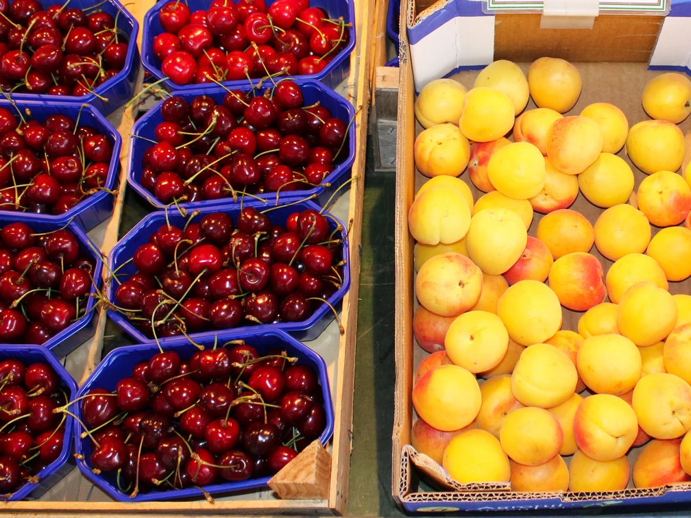Wochenmarkt Uchte Frische rote Kirschen und reife gelbe Aprikosen in Behältern auf einem Marktstand bei Tageslicht.