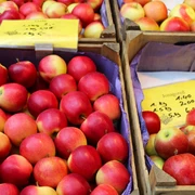 Wochenmarkt Petershagen Frische und leuchtend rote Äpfel in Holzkisten, arrangiert auf dem Wochenmarkt in Petershagen.