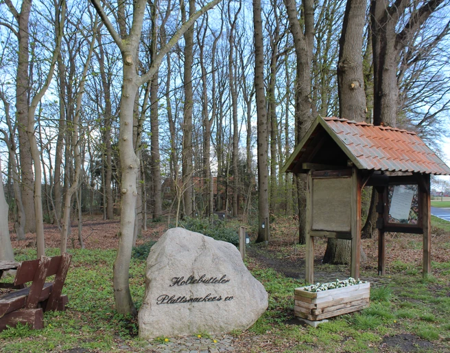 Freilichtbühne Holtebüttel Freilichtbühne mit rustikalen Holzbänken und einem Stein, umgeben von einem lichten Wald.