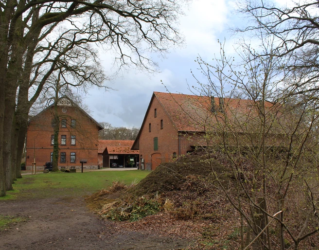 Rittergut Varste Backsteingebäude des Rittergut Varste mit Satteldach, umgeben von Bäumen und einem winterlichen Weg.
