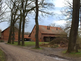 Rittergut Varste Ein historisches Backsteingebäude mit rotem Ziegeldach ist von hohen Bäumen umgeben.