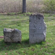 Snedensteine Hülsen Zwei historische Snedensteine aus Stein ragen aus einer grünen Wiese, umgeben von Bäumen.