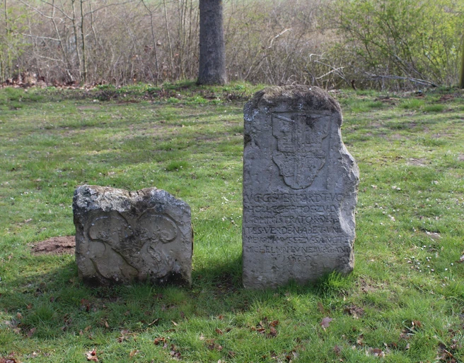 Snedensteine Hülsen Zwei historische Snedensteine aus Stein ragen aus einer grünen Wiese, umgeben von Bäumen.