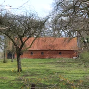 Gut Donnerhorst Ein Backsteinhaus mit rotem Dach steht hinter Bäumen auf einer grünen Wiese im Frühling.