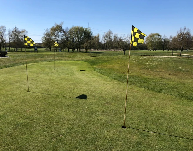 Golfplatz Rehburg-Loccum Aussicht auf einen gepflegten, weitläufigen Golfplatz mit Fahnen, umgeben von Bäumen und blauem Himmel.