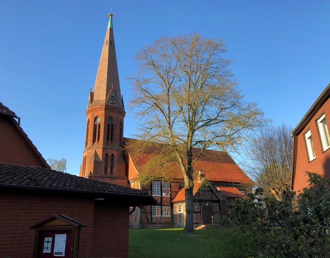 Die Kirche in Estorf, ein roter Backsteinbau mit hohem Turm, umgeben von Bäumen im Sonnenlicht.