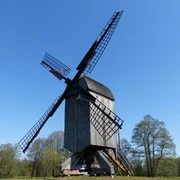 Bockwindmühle Dudensen Historische Bockwindmühle in Dudensen, umgeben von Wiesen und Bäumen unter blauem Himmel.
