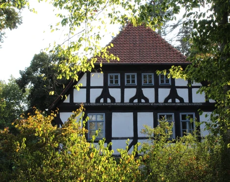 Altes Fachwerkgebäude mit rotem Ziegeldach, umgeben von Bäumen, künstlerisch eingefangen.