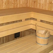 Helle Holzsauna mit mehreren Bänken und einem Holzeimer auf der unteren Bank in modernem Design.