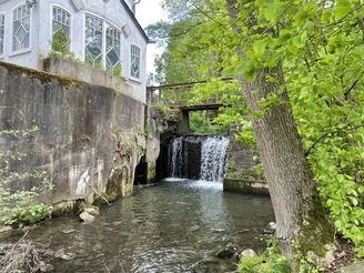 Mühle am Schlochterbach Altes Gebäude mit Wasserfall und Brücke, umgeben von grünen Bäumen und einem fließenden Bach.