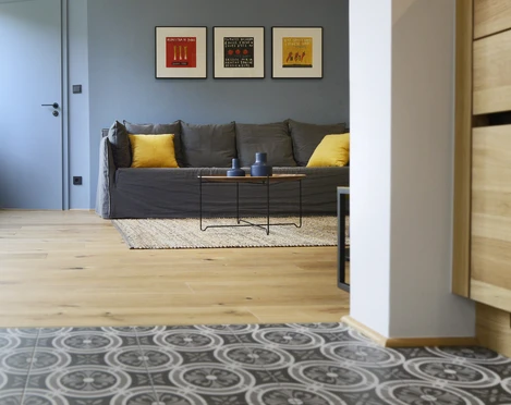 Appartement No 16 Modernes Appartement mit grauem Sofa, gelben Kissen, stilvollen Bildern und gemustertem Boden.