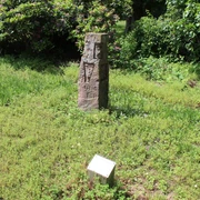 Steinmonument im Grünen mit Inschrift "und ich war auch hier", umgeben von Pflanzen im Park Etelsen.