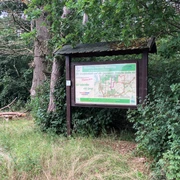 Nordic Walking Heemsen Eine Informationstafel in einem bewaldeten Gebiet informiert über Nordic Walking Routen in Heemsen.
