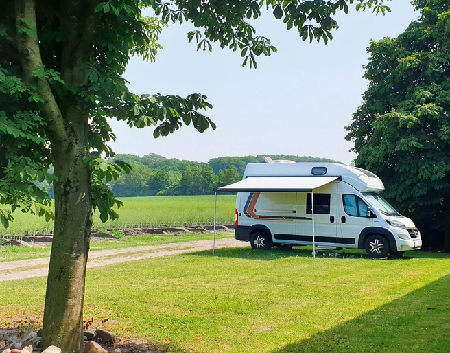 Wohnmobilstellplatz Lüttsche-Hoff Wohnmobil auf grünem Platz am Feldrand, umgeben von Bäumen und ländlicher Natur.