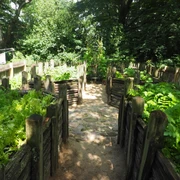 OLYMPUS DIGITAL CAMERA  Steinerne Beeteinfassungen umrahmen eine Mischung aus grüner Vegetation und hellem Steinpfad.