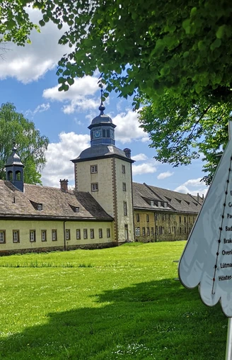 Corvey als Pilgerziel Weltkulturerbe Schloss Corvey mit parkähnlicher Anlage, von Pilgerwegweiser im Vordergrund ergänzt.