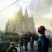 TimeRide Cologne: Cologne 1926 Historische Szenerie in Köln, belebt mit Menschen in Kleidung der frühen 20er Jahre. Der imposante Kölner Dom thront im Hintergrund, während Passant*innen und ein nostalgisches Auto die Szene beleben.Historic scene in Cologne, enlivened by people in clothing from the early 1920s. The imposing Cologne Cathedral towers in the background, while passers-by and a nostalgic car enliven the scene.